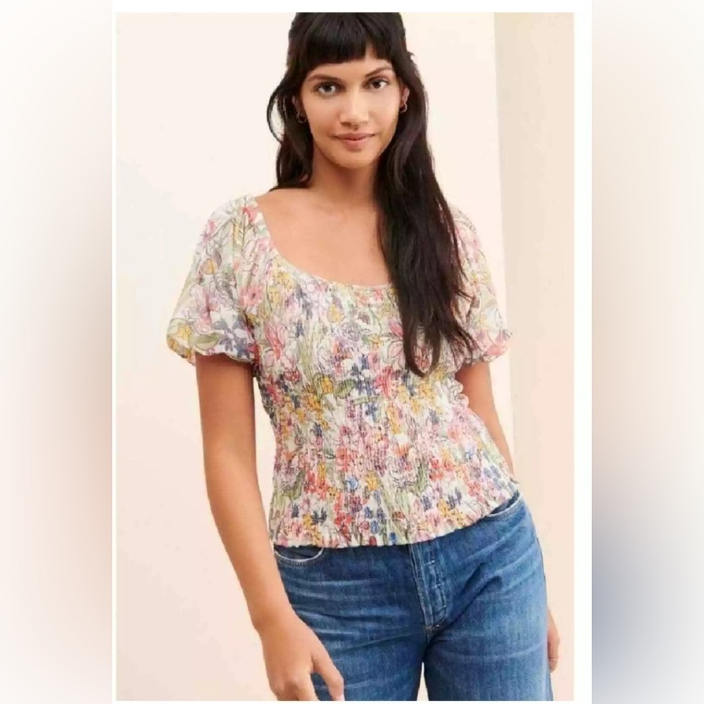 Anthropologie Aurelia Smocked Top Floral Cream Balloon Sleeve Ruching Small EUC